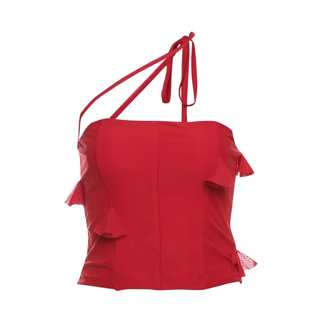 Women's Solid Color Slim fitting Suspenders Vest Fashion Low Waist Voile Skirt Red Top - Shop at LoveMi