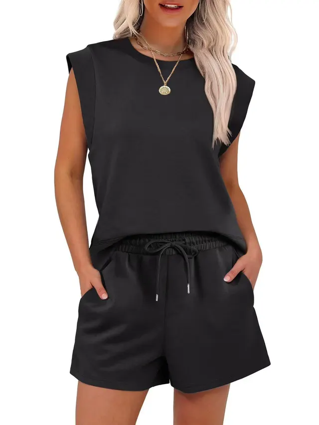 Round Neck Cover Sleeve Top With Pockets Shorts Suit Black - Shop at LoveMi