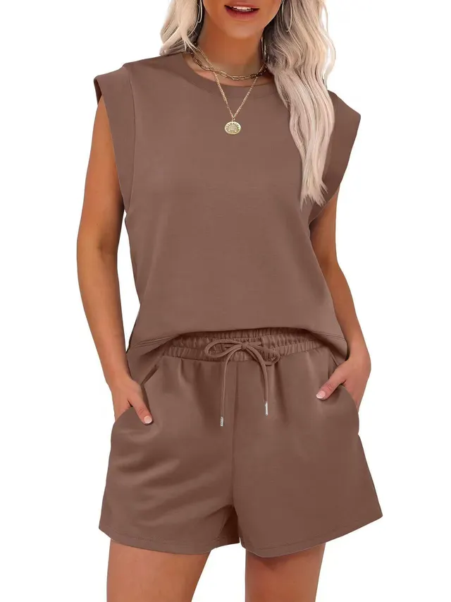 Round Neck Cover Sleeve Top With Pockets Shorts Suit Brown - Shop at LoveMi