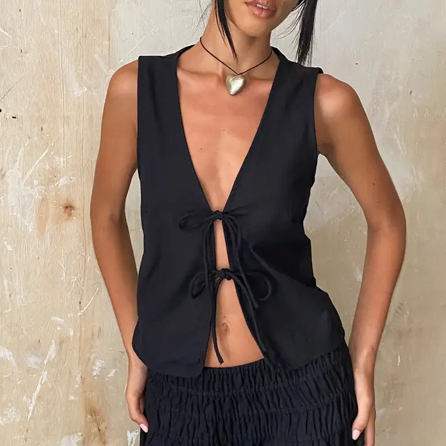 Bow Lace Up Slim Fit Vest Sleeveless Top Black - Shop at LoveMi