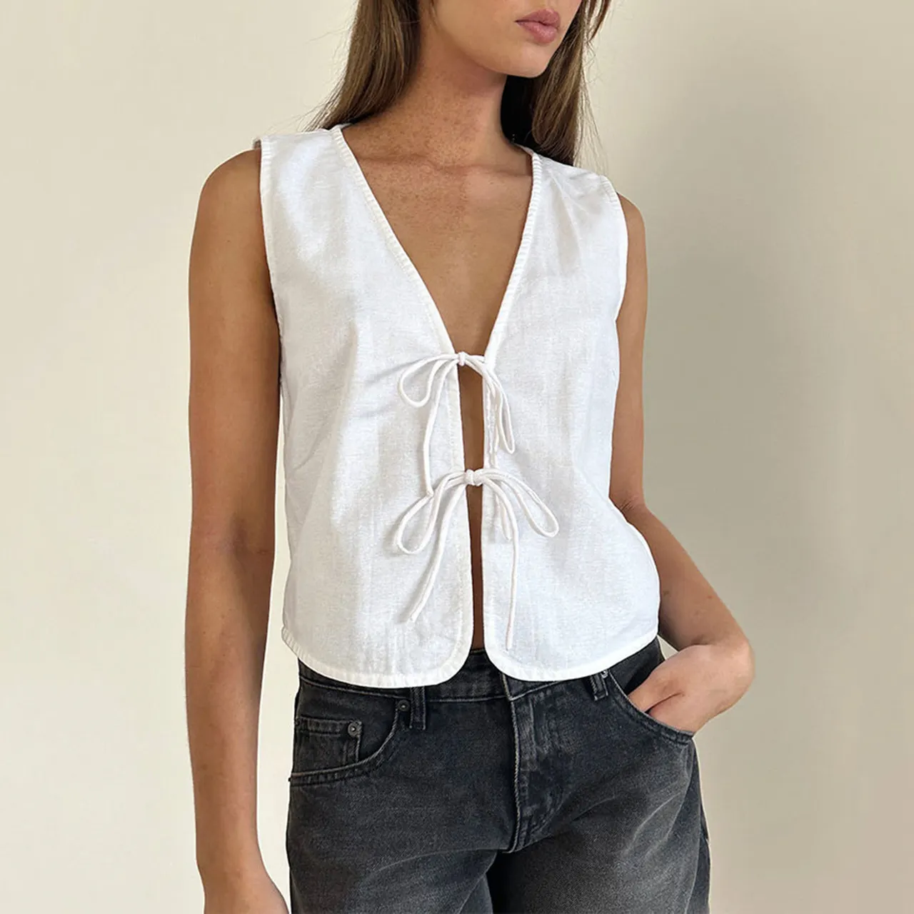 Bow Lace Up Slim Fit Vest Sleeveless Top - White