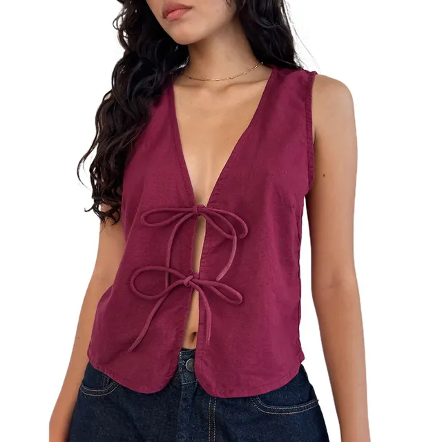 Bow Lace Up Slim Fit Vest Sleeveless Top Wine Red - Shop at LoveMi