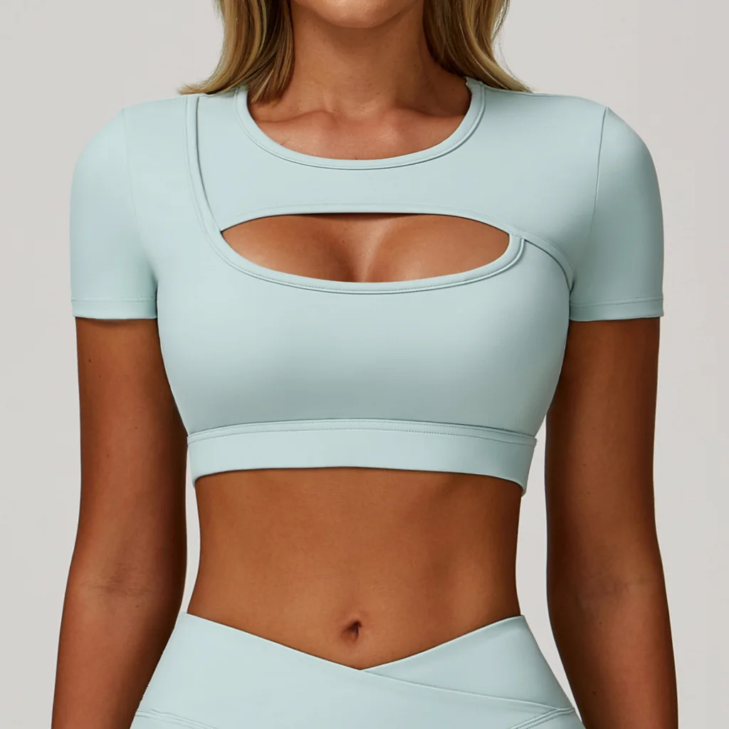 Yoga Short Sleeve Hollow-out Tight Sports T-shirt - Cream Green