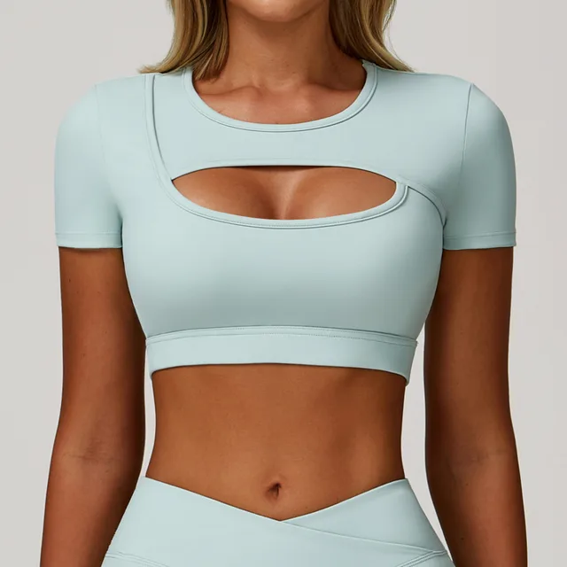 Yoga Short Sleeve Hollow out Tight Sports T shirt Cream Green - Shop at LoveMi