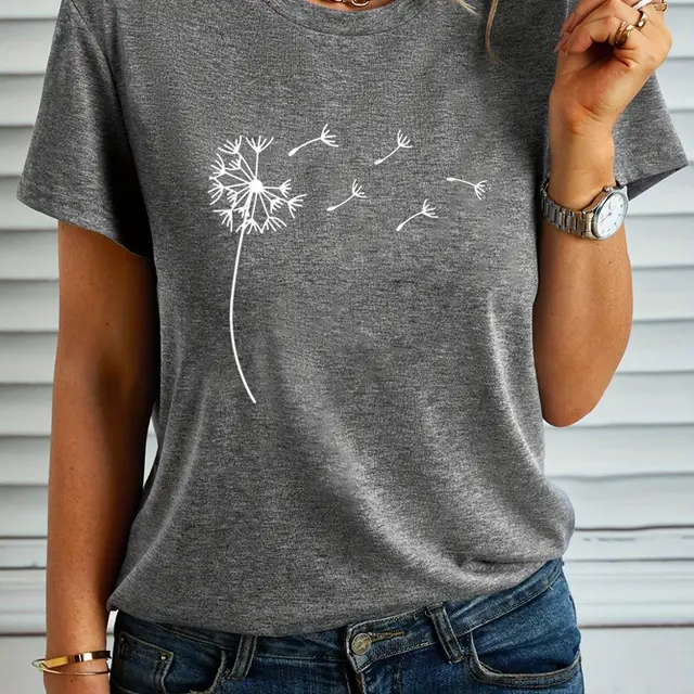Women's Dandelion And Butterfly Printed T shirt Gray 1 - Shop at LoveMi