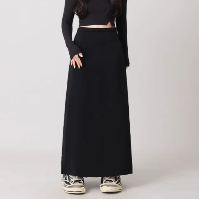 Back Slit Straight Tube Slimming High Waist Black Long Skirt Black A - Shop at LoveMi