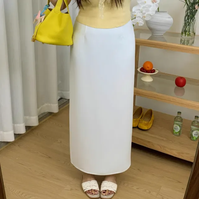 Back Slit Straight Tube Slimming High Waist Black Long Skirt White - Shop at LoveMi