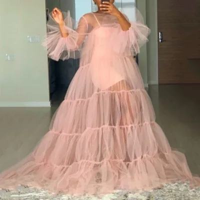 Spring And Summer New Women's Clothes Straps Tulle Long Sleeve Big Hem Dress Pink - Shop at LoveMi