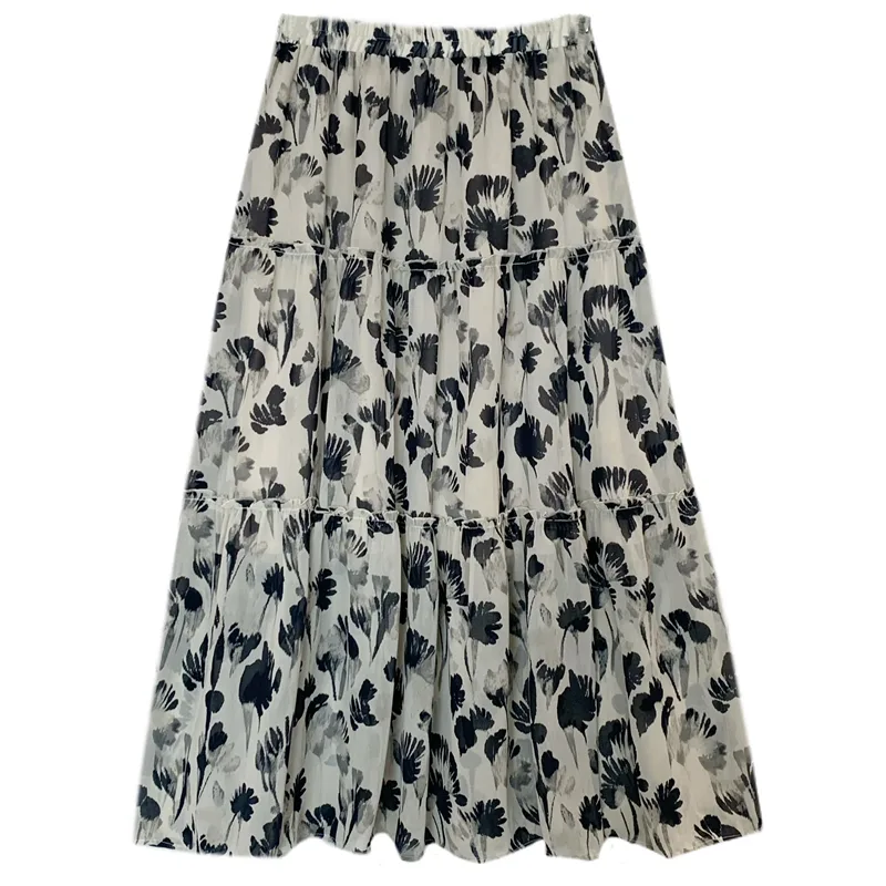 Elegant Romantic Flower In Ink Straight Chiffon Printed Skirt Black - Shop at LoveMi
