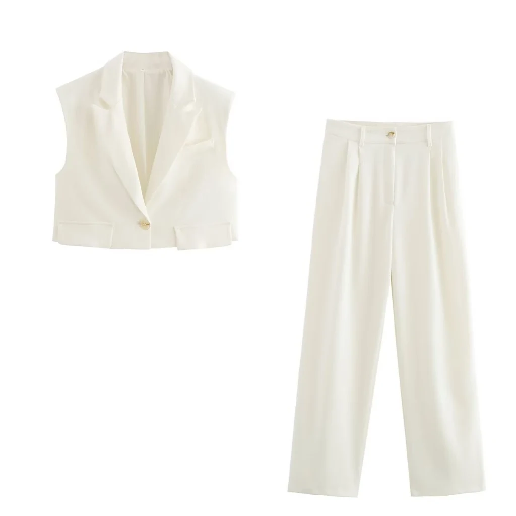 Sleeveless Short Vest Top Wide Leg Trousers - White