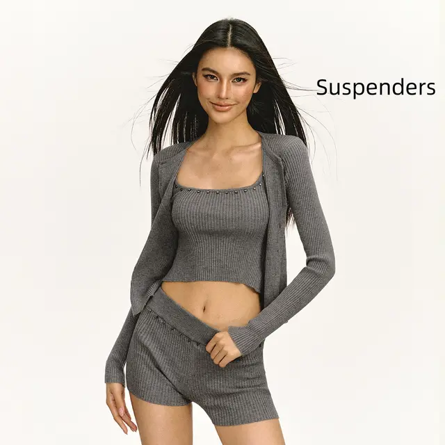 Long Sleeve Spaghetti strap Top And Shorts Suit Women's Three piece Suit Gray Suspenders - Shop at LoveMi