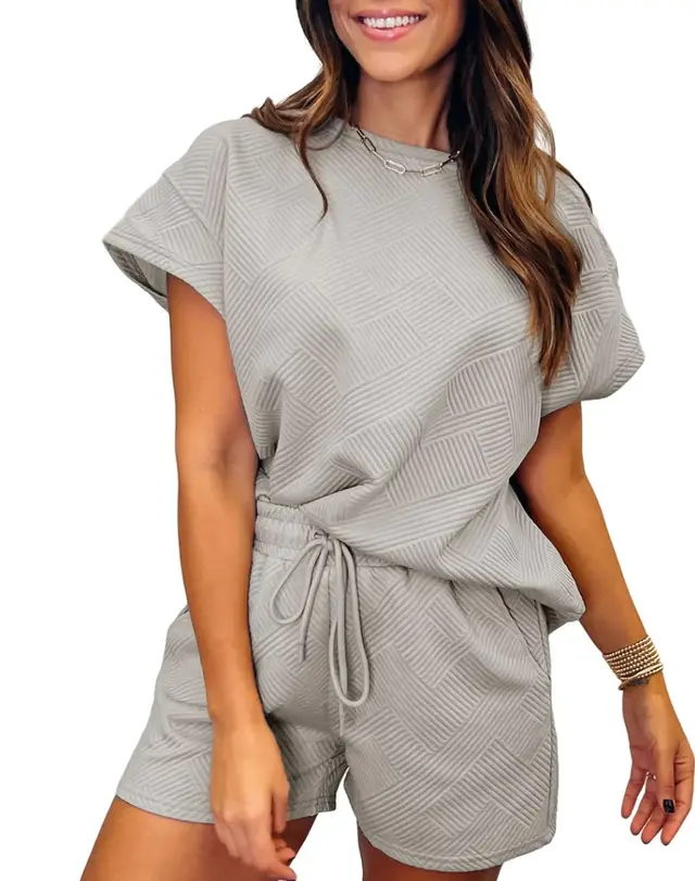 Solid Color Round Neck Short Sleeves Top Shorts Suit Gray - Shop at LoveMi