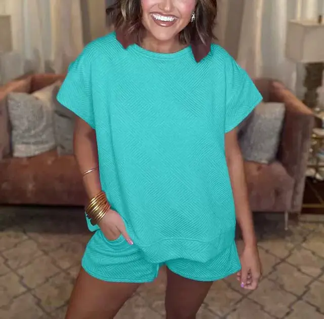 Solid Color Round Neck Short Sleeves Top Shorts Suit Turquoise - Shop at LoveMi