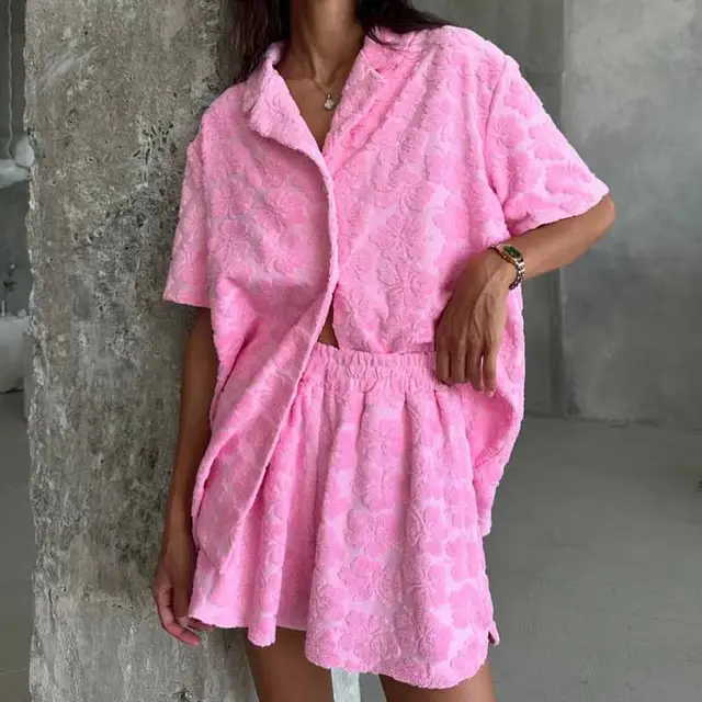 Personalized Jacquard Shirt Two piece Set Pink - Shop at LoveMi