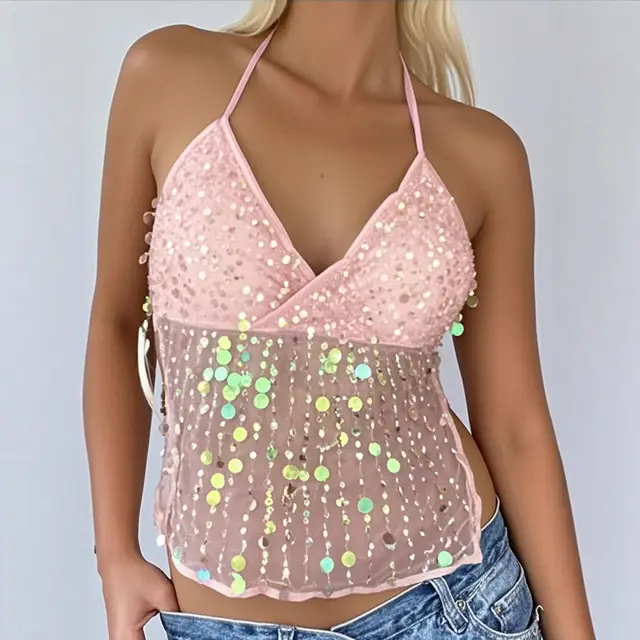 Women's Dopamine Sequined Suspender Deep V Strap Top Pink - Shop at LoveMi