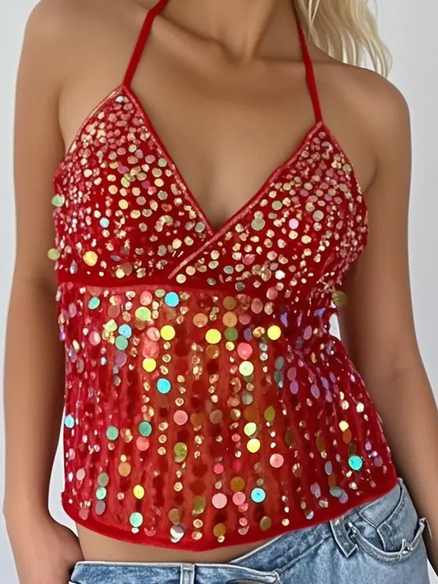 Women's Dopamine Sequined Suspender Deep V Strap Top Red - Shop at LoveMi