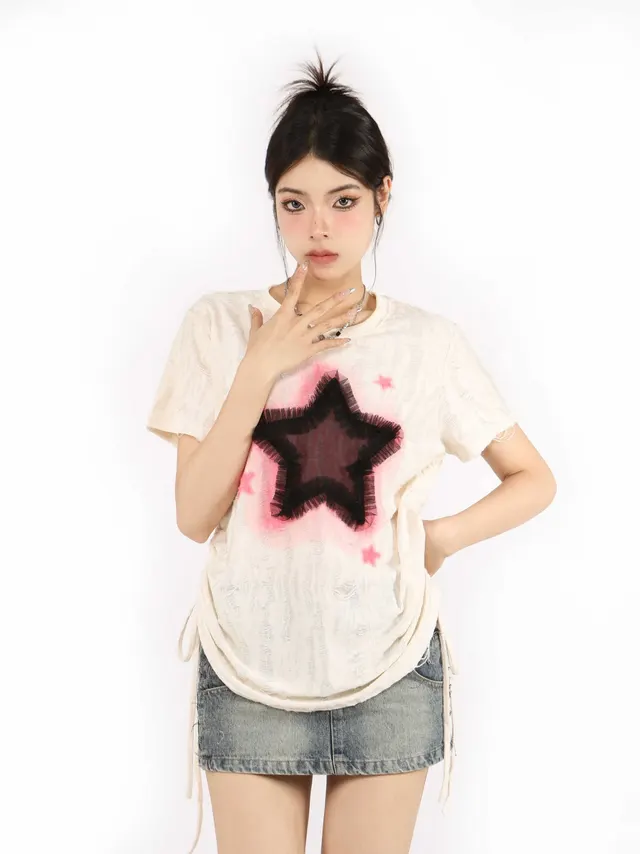 XINGX Old Short sleeved T shirt For Women Drawstring Top Apricot - Shop at LoveMi