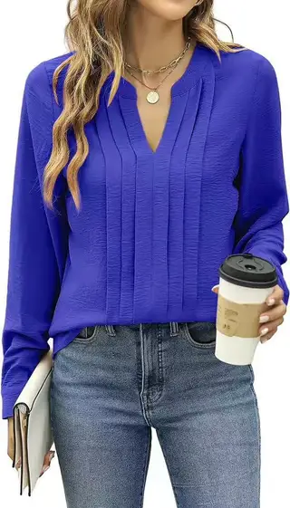 Temperament Commute Long Sleeve Solid Color Sweet Top Women's V-neck Design - Blue
