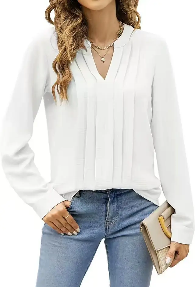 Temperament Commute Long Sleeve Solid Color Sweet Top Women's V neck Design White - Shop at LoveMi