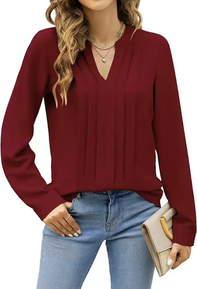Temperament Commute Long Sleeve Solid Color Sweet Top Women's V neck Design Wine Red - Shop at LoveMi