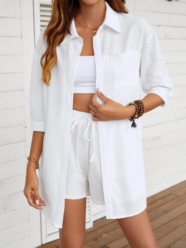 New Fashion Single breasted Shirt Solid Color Casual Loose Outfit Women White - Shop at LoveMi