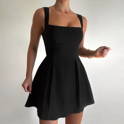 New Solid Color Sling Slim fit Pleated Skirt High Waist Dress Black - Shop at LoveMi