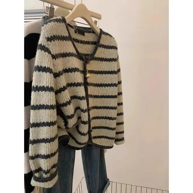 Vintage Stripe Knitted Coat For Women Autumn And Winter Picture Color - Shop at LoveMi