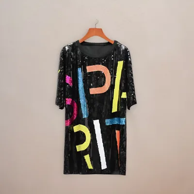 Sequins Loose fitting T shirt Round Neck Half Sleeve Top Black Letters - Shop at LoveMi