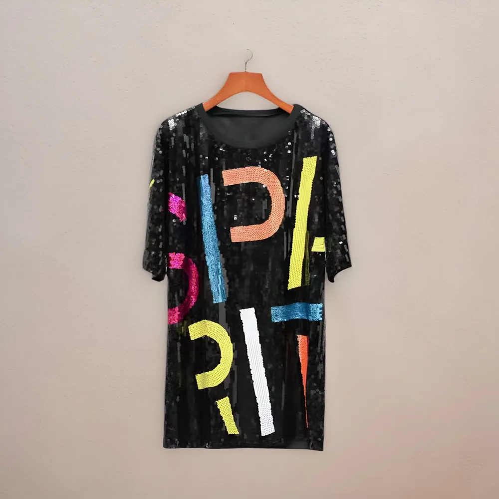 Sequins Loose-fitting T-shirt Round Neck Half Sleeve Top - Black Letters - View 1