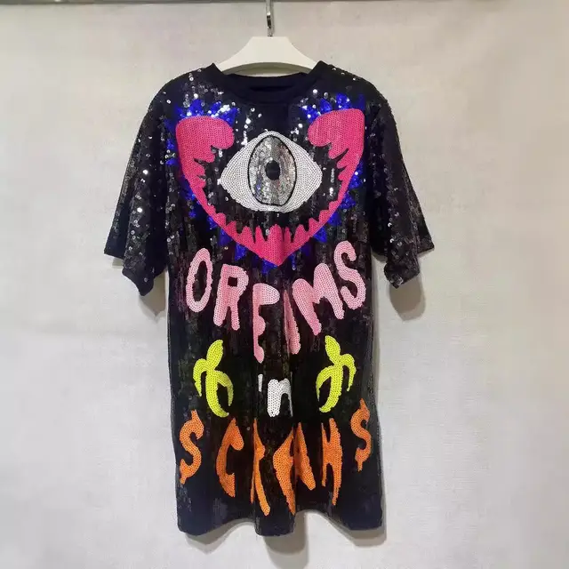 Sequins Loose fitting T shirt Round Neck Half Sleeve Top Black Peach Heart - Shop at LoveMi