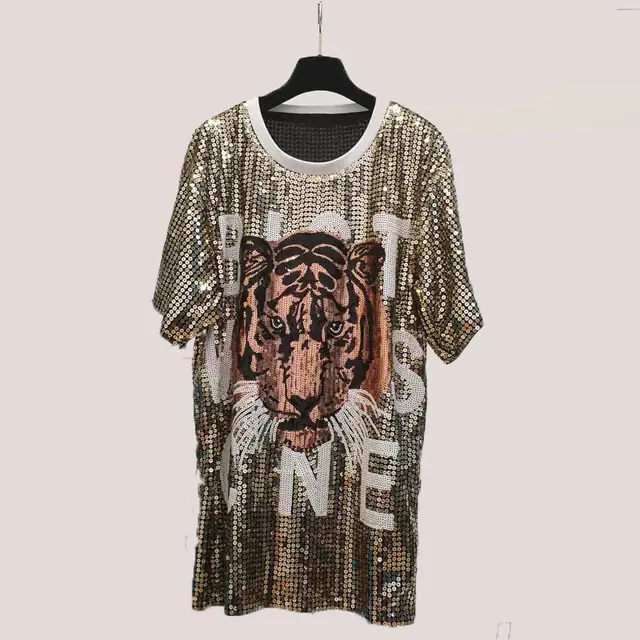 Sequins Loose fitting T shirt Round Neck Half Sleeve Top Golden Tiger Head - Shop at LoveMi