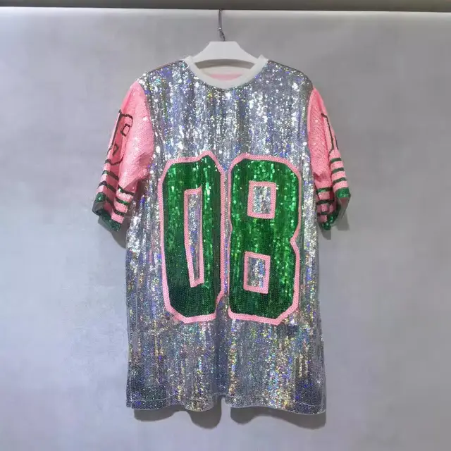 Sequins Loose fitting T shirt Round Neck Half Sleeve Top Silver Numbers - Shop at LoveMi