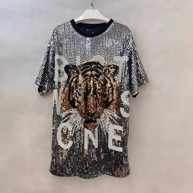 Sequins Loose fitting T shirt Round Neck Half Sleeve Top Silver Tiger Head - Shop at LoveMi