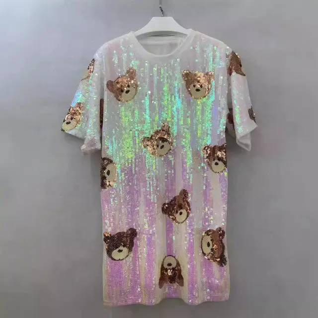 Sequins Loose fitting T shirt Round Neck Half Sleeve Top White Bear - Shop at LoveMi
