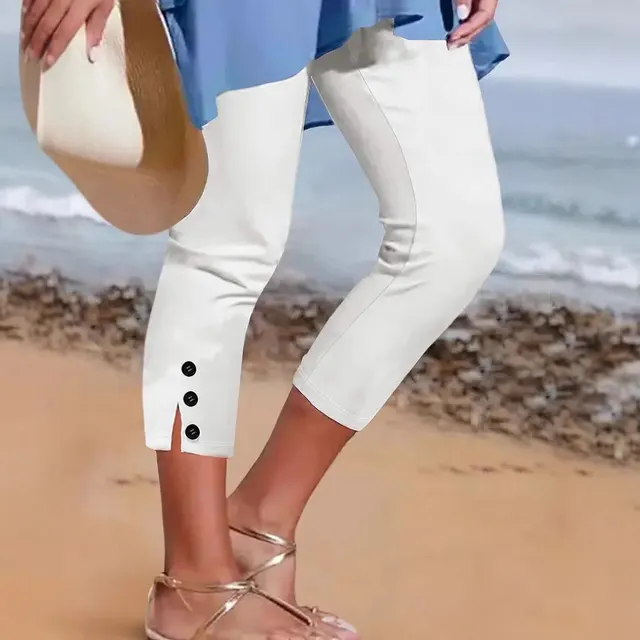 Mid waist Elastic Solid Color Cropped Pants Tight Button Casual Pants For Women White - Shop at LoveMi