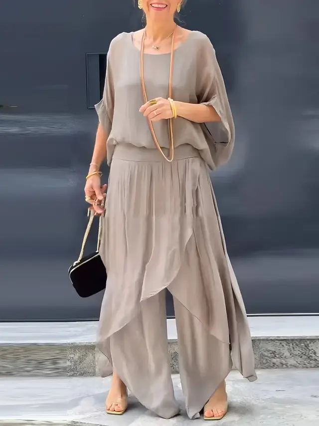 Top Split Wide Leg Pants Chiffon Casual Suit Apricot - Shop at LoveMi