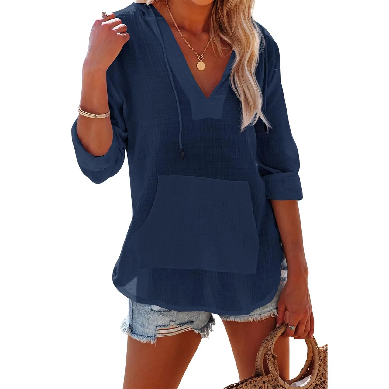 V-neck Hooded Shirt With Pockets Fashion Sports Long-sleeved Split Shirts Tops For Women Clothing - Navy Blue