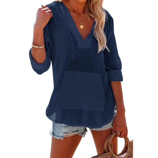 V neck Hooded Shirt With Pockets Fashion Sports Long sleeved Split Shirts Tops For Women Clothing Navy Blue - Shop at LoveMi