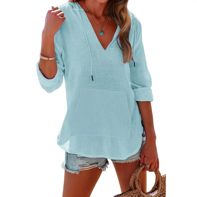 V neck Hooded Shirt With Pockets Fashion Sports Long sleeved Split Shirts Tops For Women Clothing Sky Blue - Shop at LoveMi