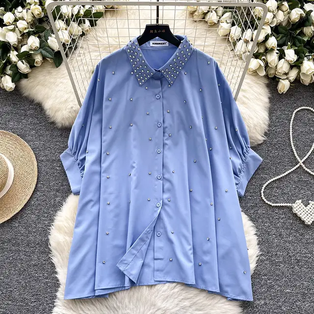Fashionable Batwing Sleeve Loose Heavy Work Casual Shirt Blue - Shop at LoveMi