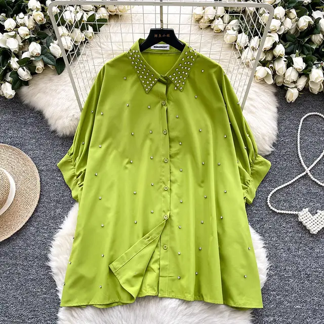 Fashionable Batwing Sleeve Loose Heavy Work Casual Shirt Green - Shop at LoveMi