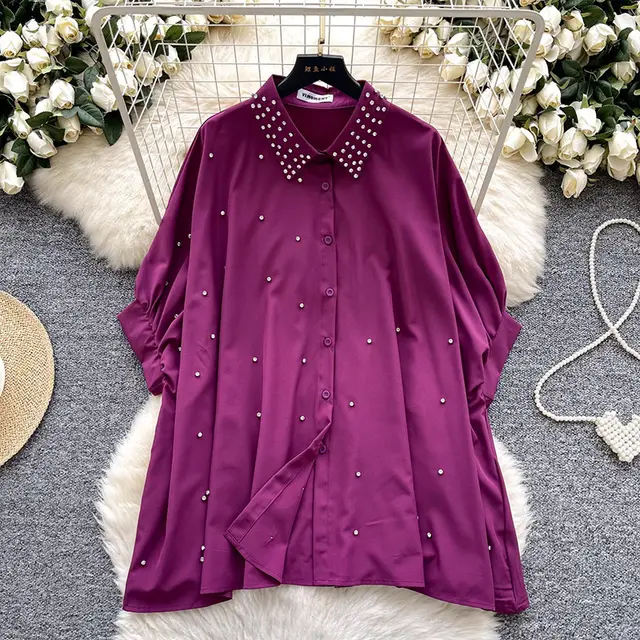 Fashionable Batwing Sleeve Loose Heavy Work Casual Shirt Purple - Shop at LoveMi