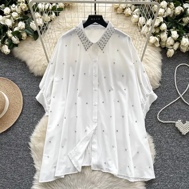 Fashionable Batwing Sleeve Loose Heavy Work Casual Shirt White - Shop at LoveMi