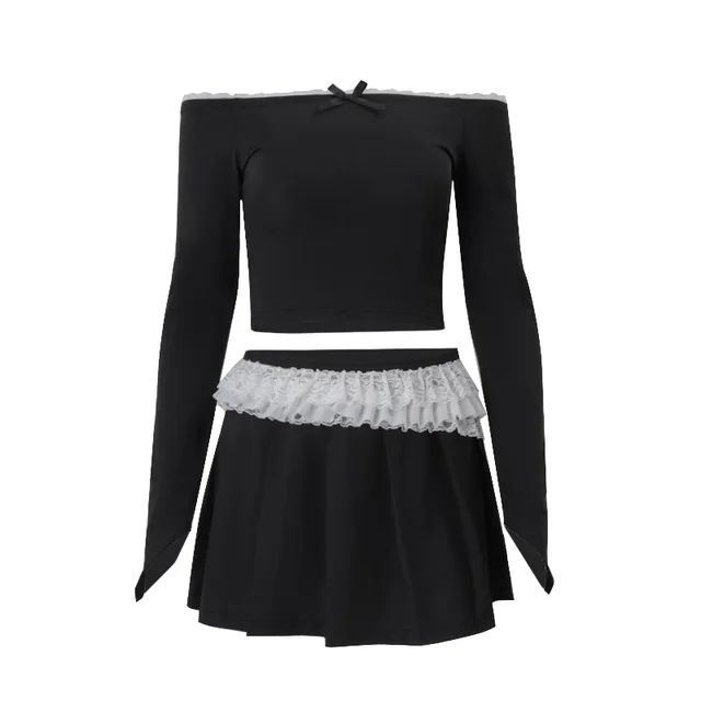 Pure Desire Wind Sweet One Shoulder Bow Long Sleeve Top Half Body Short Skirt Set Black Set - Shop at LoveMi