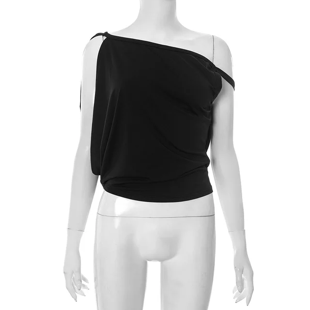 Diagonal Collar Pleated Vest Top For Women Black - Shop at LoveMi