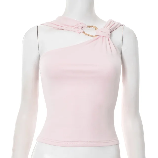 Irregular Collar Metal Decorative Top For Women Pink - Shop at LoveMi
