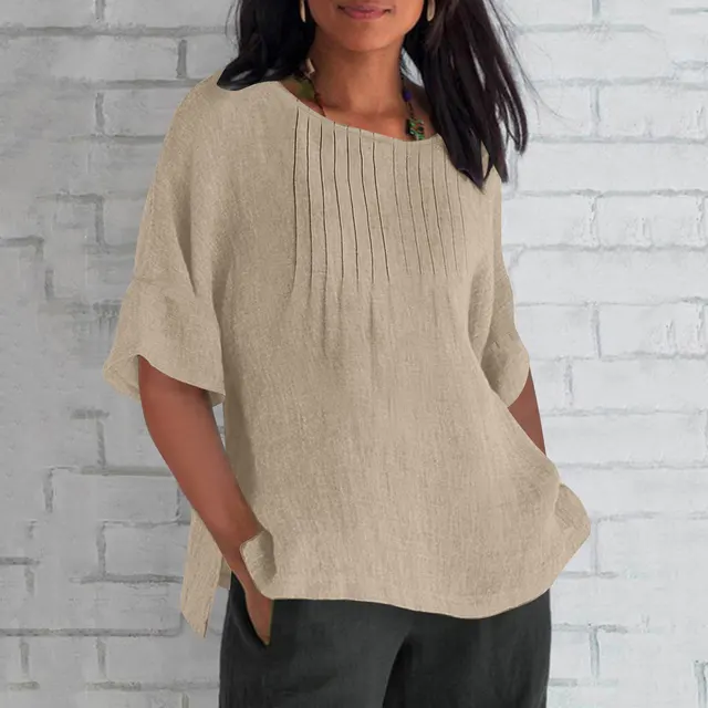Three quarter Sleeve Pleated Round Neck Cotton And Linen Shirt Top Apricot - Shop at LoveMi