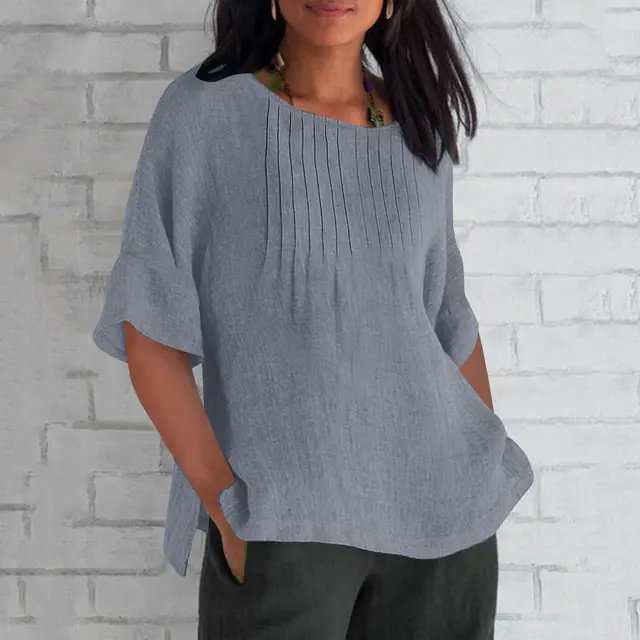 Three quarter Sleeve Pleated Round Neck Cotton And Linen Shirt Top Gray - Shop at LoveMi