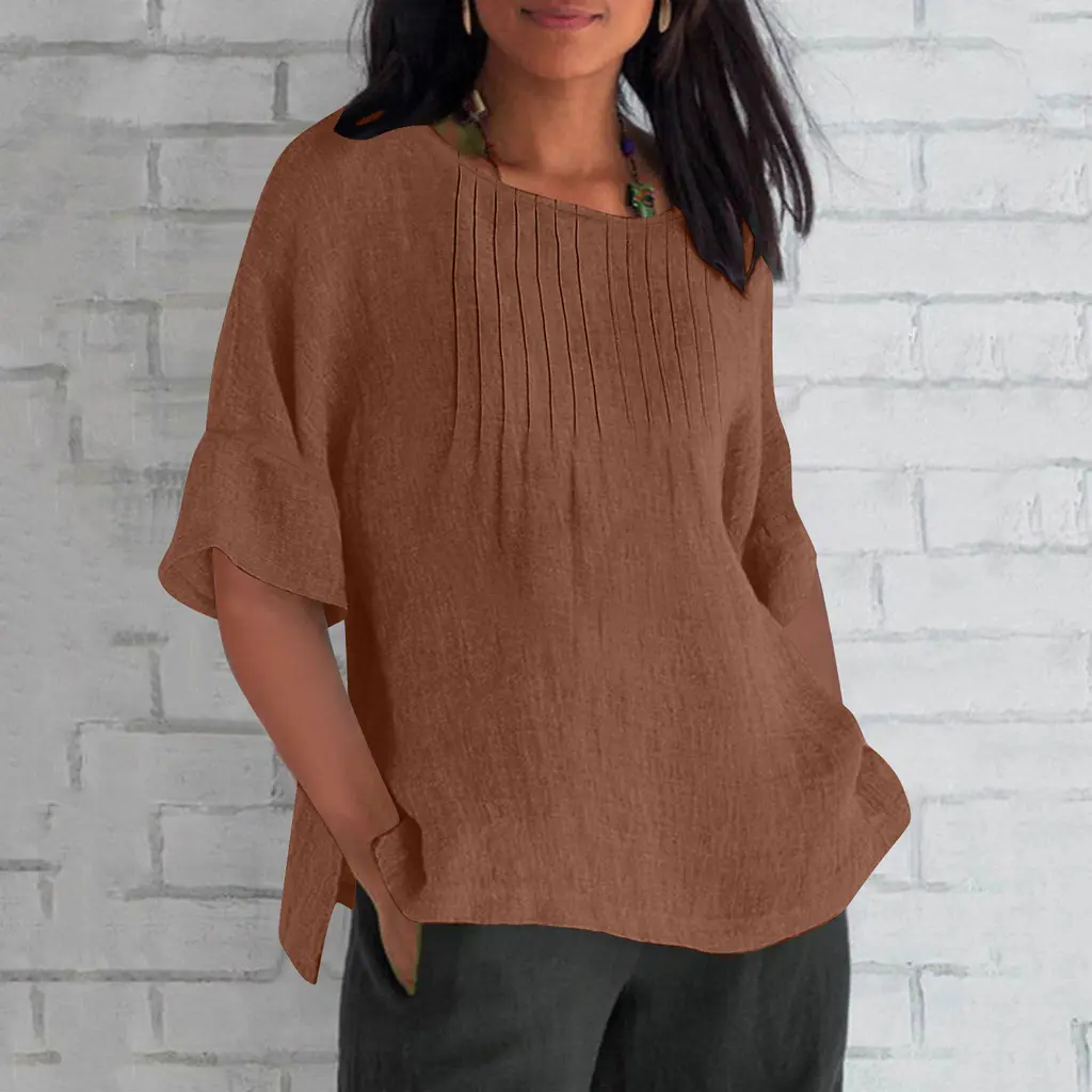 Three-quarter Sleeve Pleated Round Neck Cotton And Linen Shirt Top - Light Brown