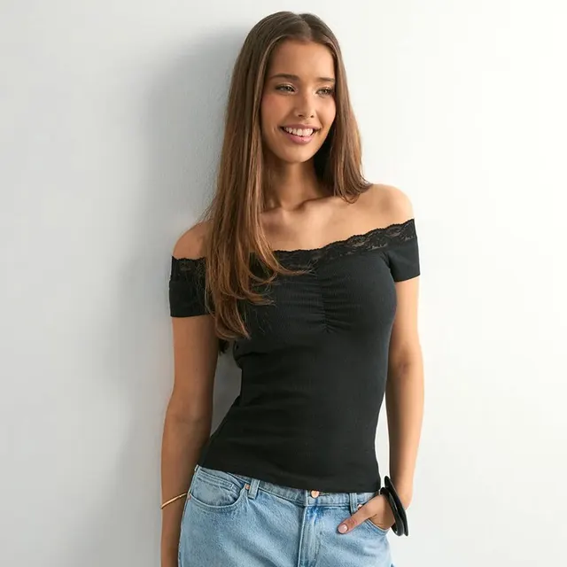 Solid Color Sleeveless Off neck Lace Top Black - Shop at LoveMi